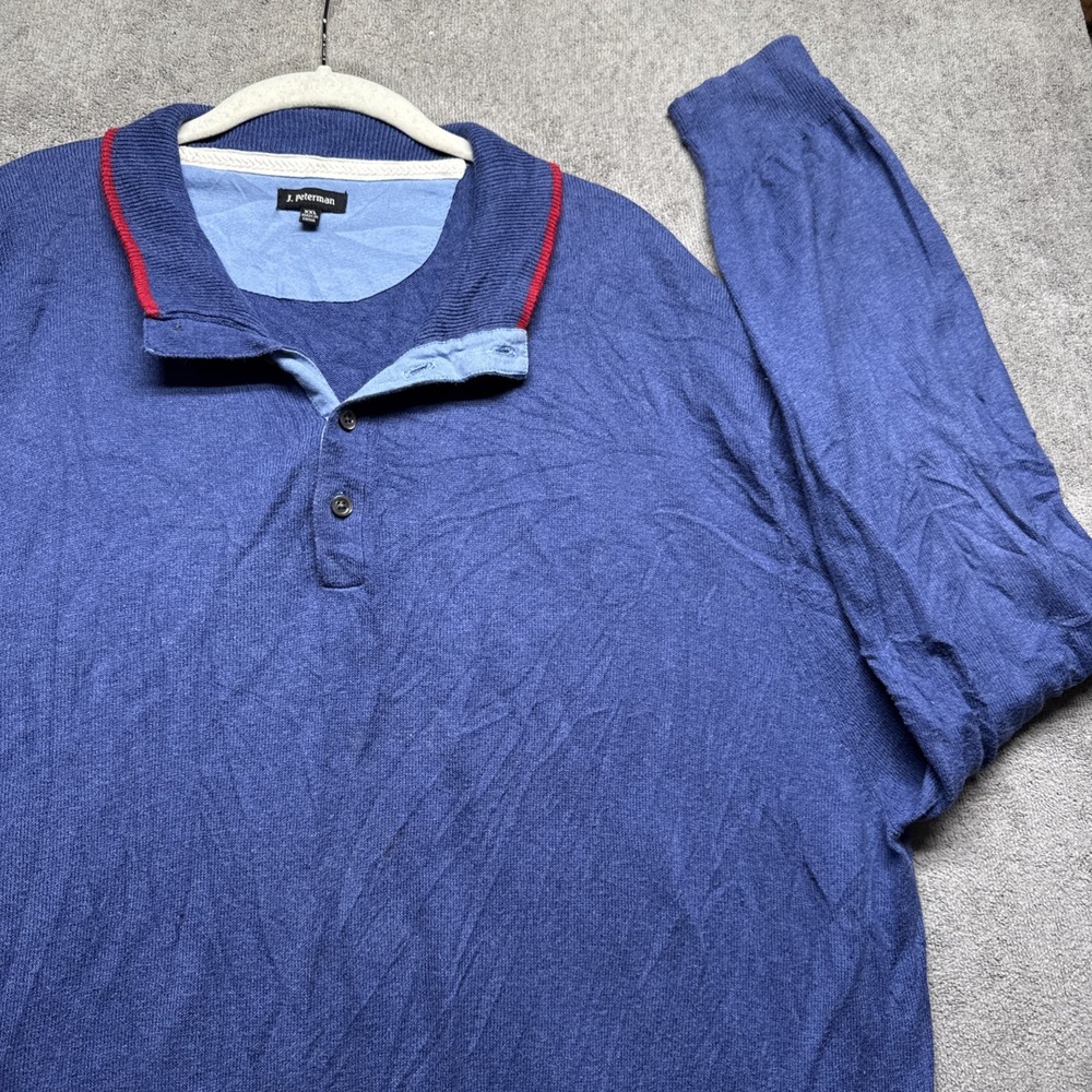 J Peterman Blue Long Sleeve‎ Polo Shirt XXL Crinkled Knit Vintage Preppy Style